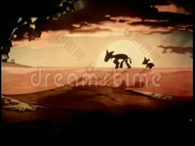 两头驴在夕阳前行走的卡通